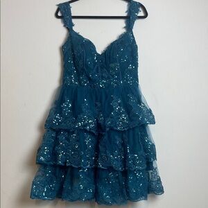Emerald Green Sequin Party Dress Size 14 | Tiered Ruffle Design
